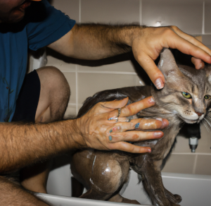 Cat Grooming 6 A man bathing his cat